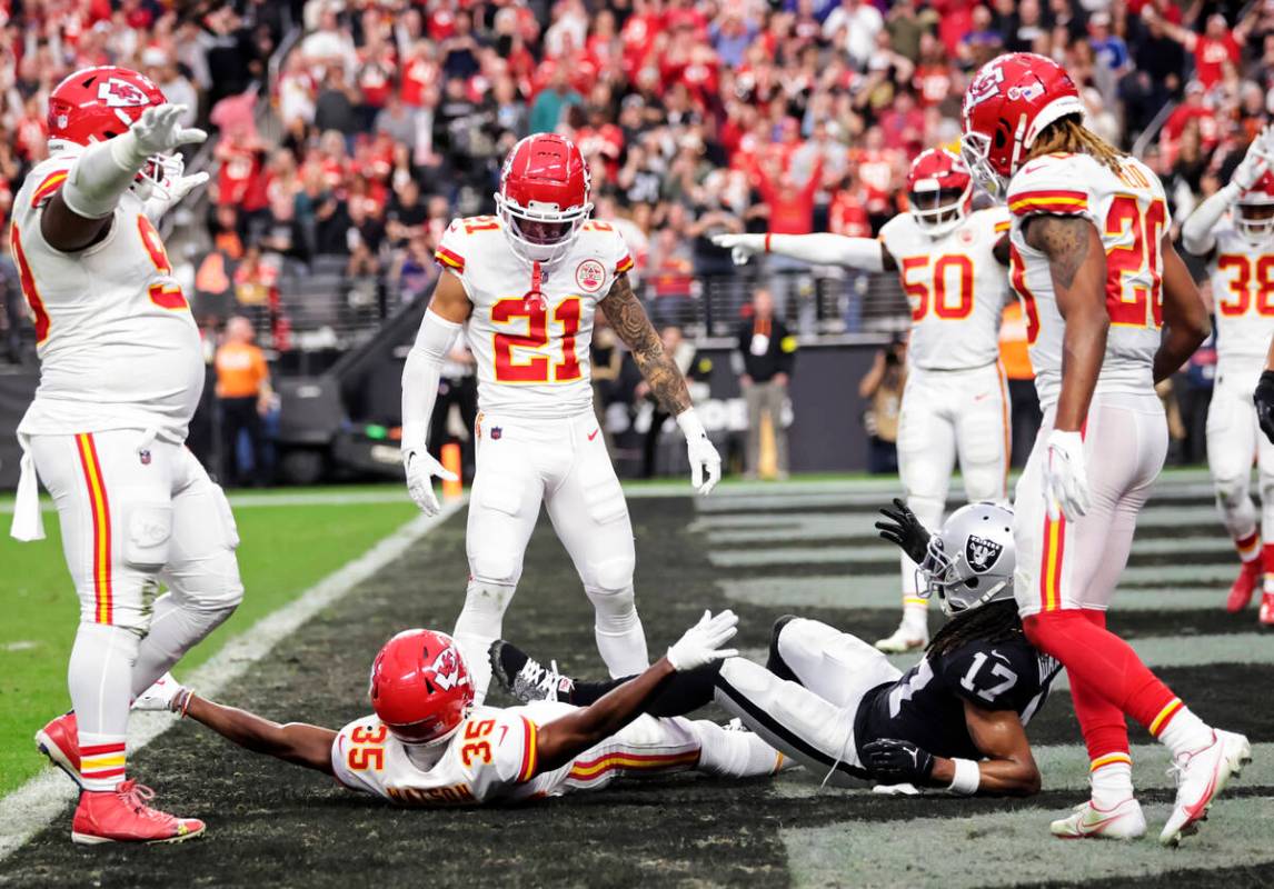 Kansas City Chiefs cornerback Jaylen Watson (35) motions after breaking up a touchdown pass int ...