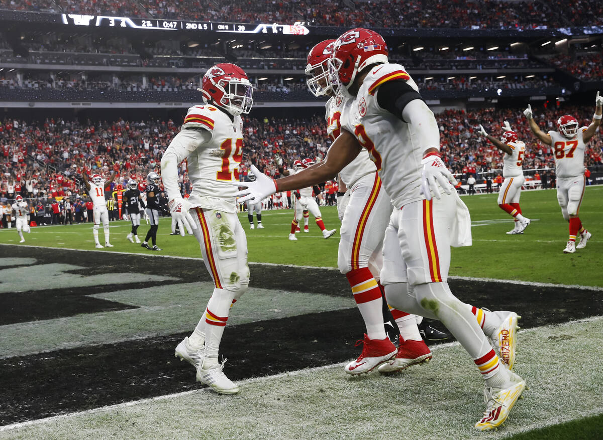 Kansas City Chiefs wide receiver Kadarius Toney (19) celebrates his touchdown with teammates du ...