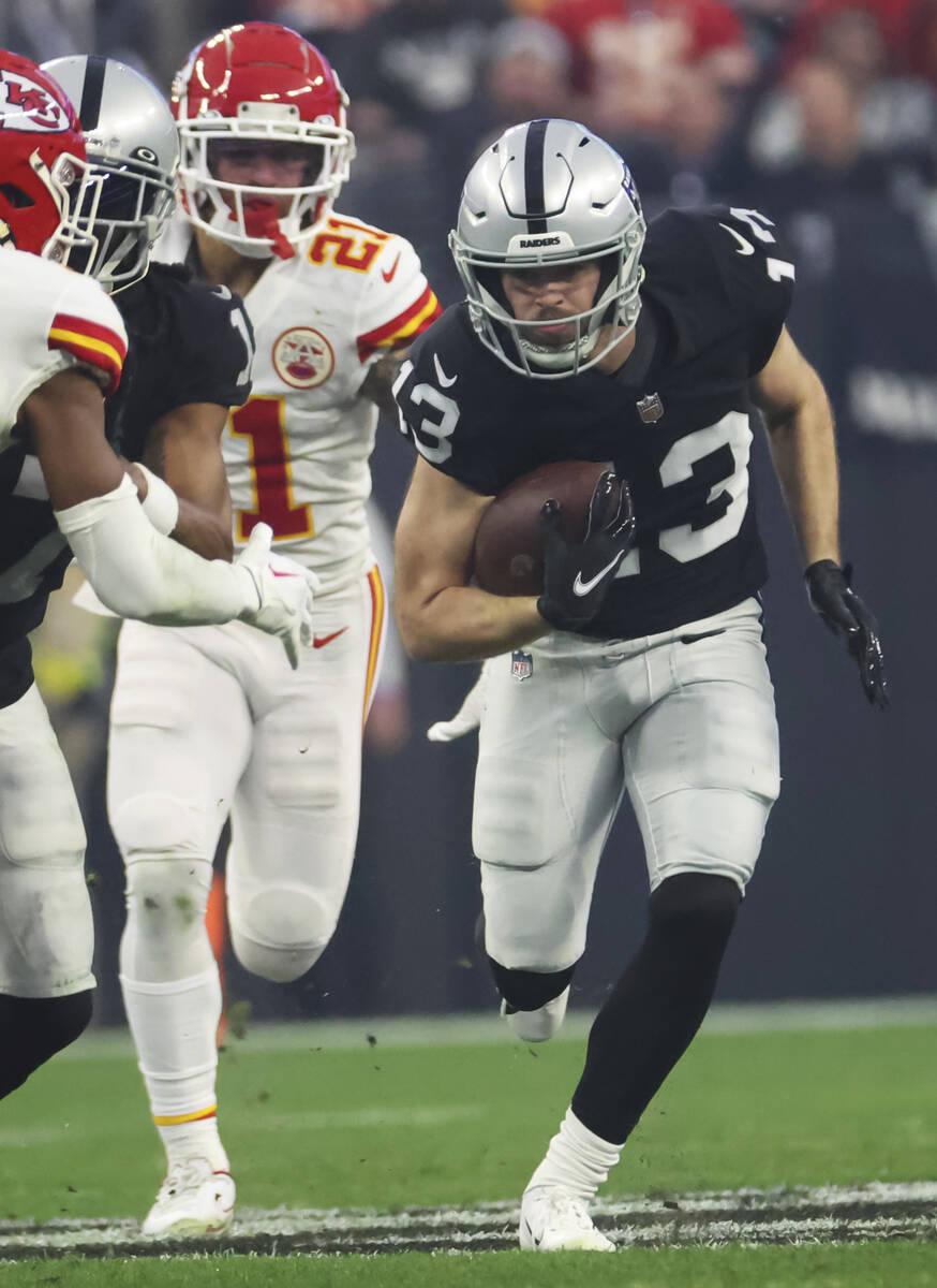 Raiders wide receiver Hunter Renfrow (13) runs the ball against the Kansas City Chiefs during t ...