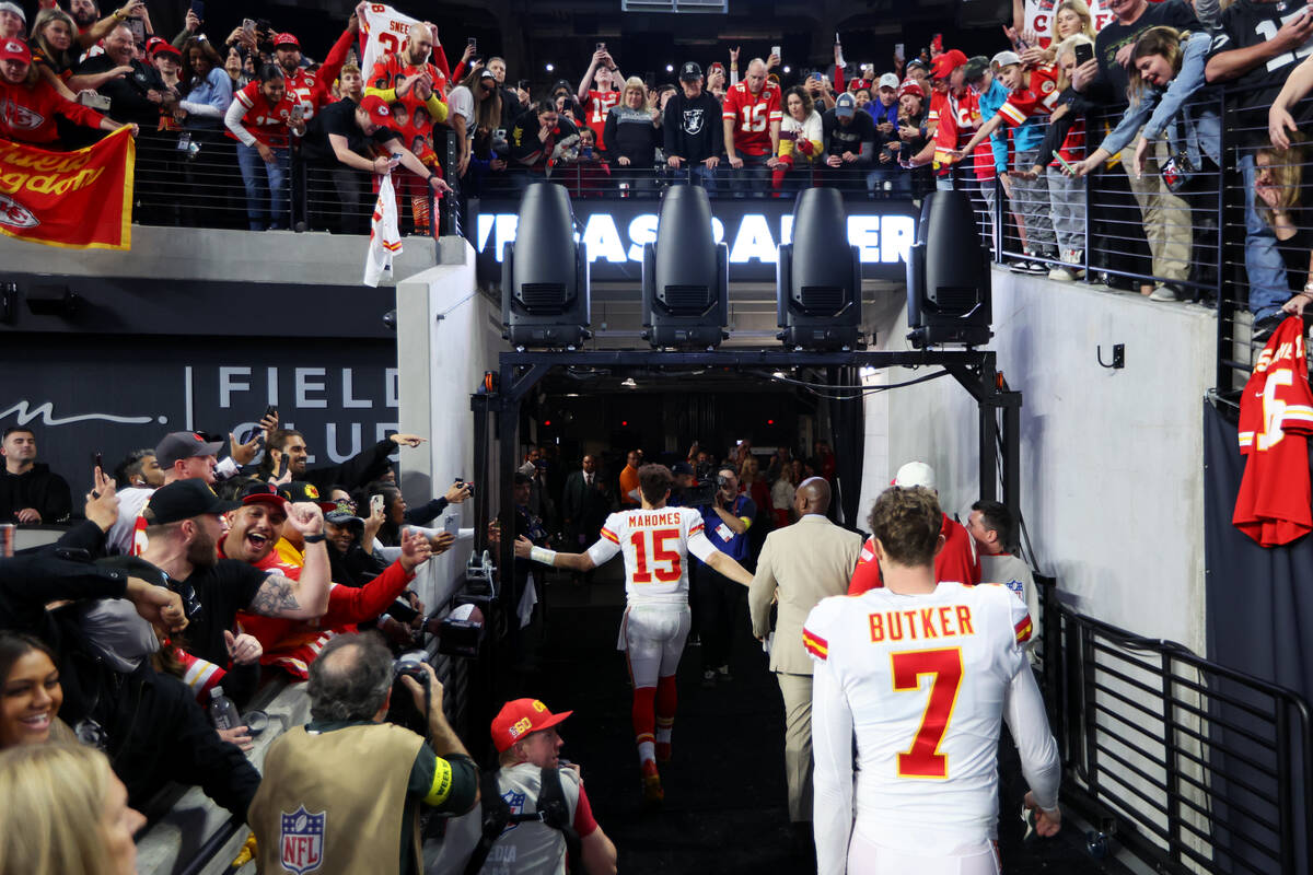 Kansas City Chiefs quarterback Patrick Mahomes (15) leaves the field following a NFL football g ...