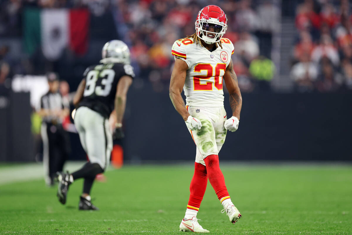 Kansas City Chiefs safety Justin Reid (20) reacts after forcing an incomplete pass while defend ...