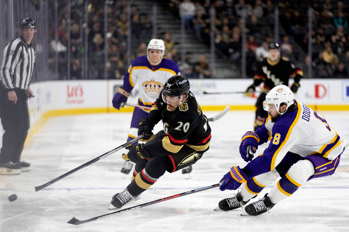 Vegas Golden Knights center Chandler Stephenson (20) skates with the puck against Los Angeles K ...