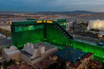 Aerial view of the MGM Grand hotel casino on the south Las Vegas Strip at sunset on Wednesday, ...