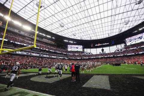 The Las Vegas Raiders take the field for a NFL football game against the Kansas City Chiefs at ...