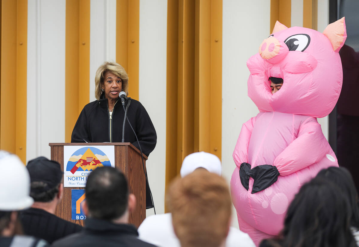 North Las Vegas Mayor Pamela Goynes-Brown addresses the crowd next to Boxabl’s pig masco ...