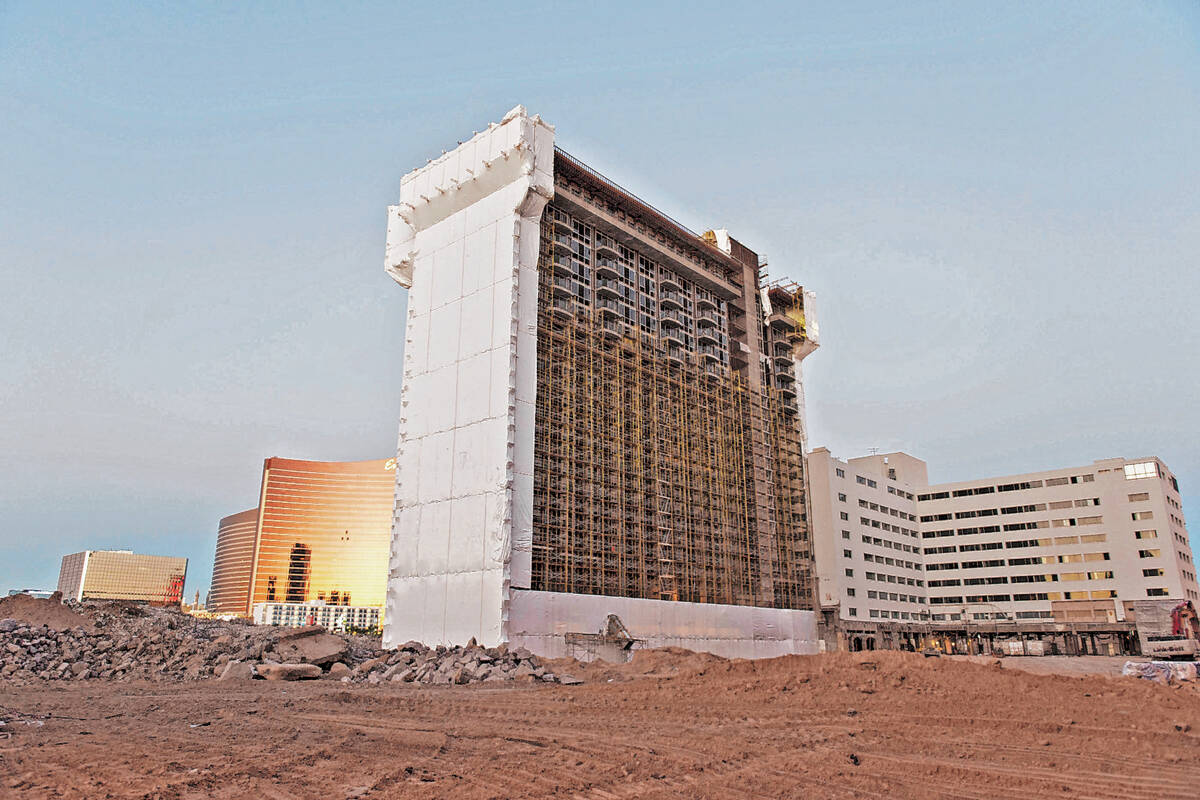 The shuttered Riviera hotel-casino's Monte Carlo tower in Las Vegas is prepared for implosion W ...