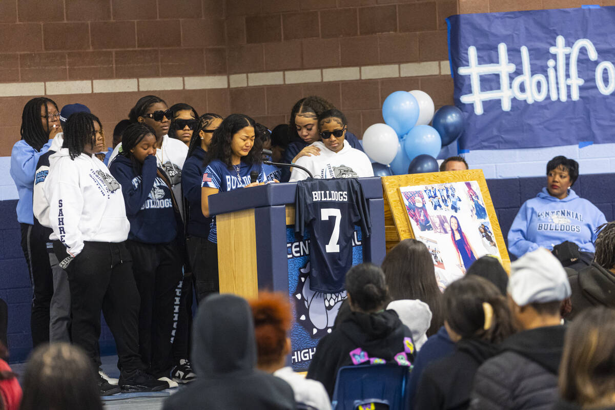Friend and former teammate Aleah Bui speaks during a celebration of life in memory of Ashari Hu ...