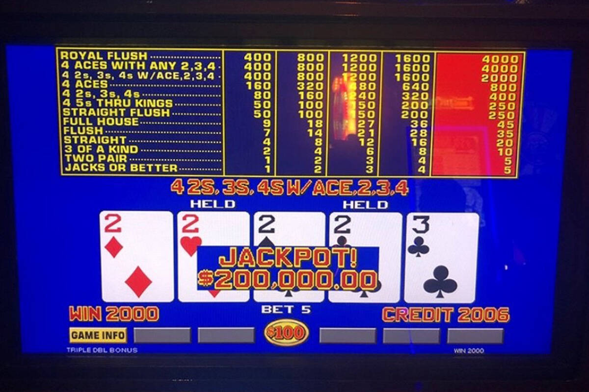 A video poker player won $200,000 Saturday, Jan. 7, 2023, after drawing four 2s and a 3 kicker ...
