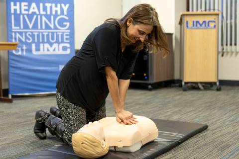 Clinical Nurse Manager Amy Runge demonstrates CPR in the Healthy Living Institute at UMC on Tue ...