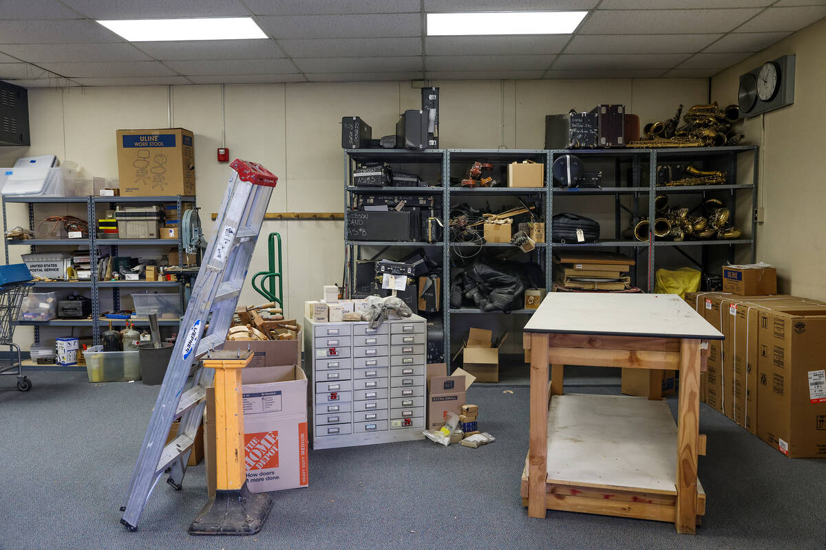 The storage room at the Clark County School District repair shop for musical instruments in Las ...