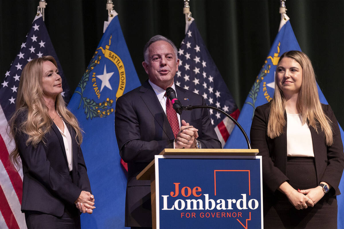 FILE - Clark County Sheriff and Nevada Gov.-elect Joe Lombardo gives a victory speech, with his ...