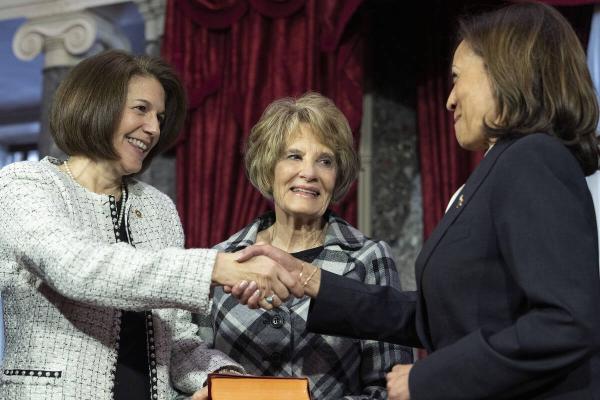 Vice President Kamala Harris participates in a ceremonial swearing-in of Sen. Catherine Cortez ...