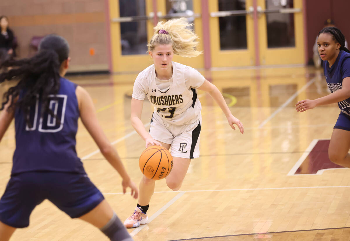 Faith Lutheran's Raina Forgue (23) drives to the basket against Spring Valley during the second ...