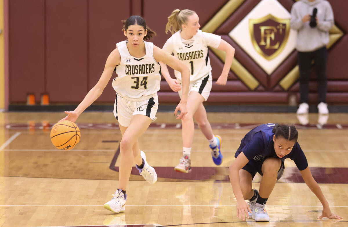 Faith Lutheran's Leah Mitchell (34) brings the ball up court against Spring Valley during the s ...