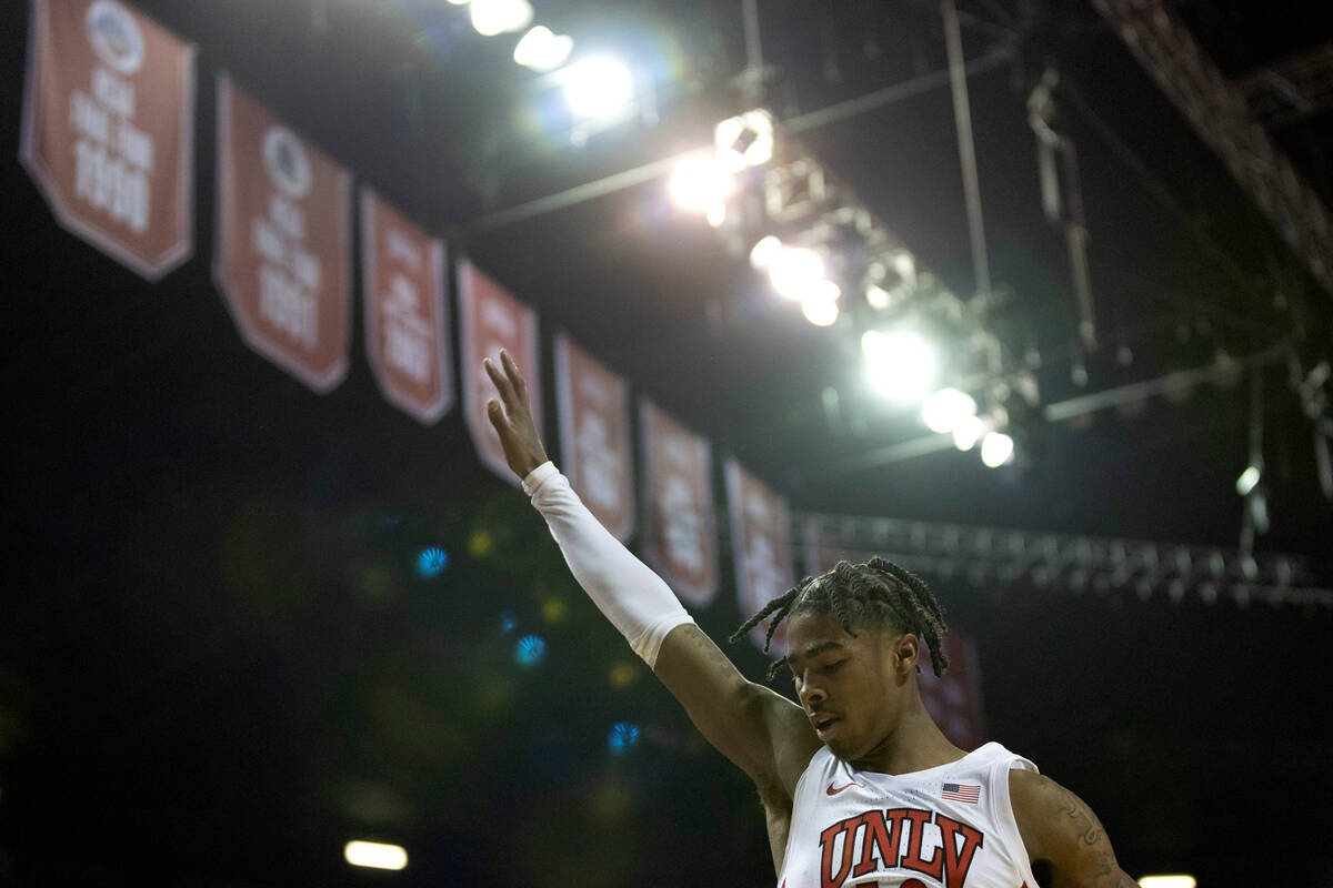 UNLV Rebels guard Keshon Gilbert (10) jumps to block a shot by the Boise State Broncos during t ...