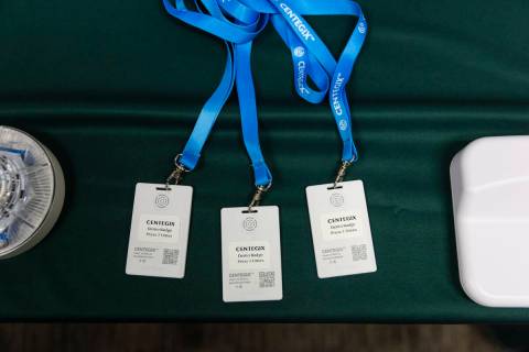 Badges used to trigger an alarm are seen during an event marking the launch of a pilot program ...