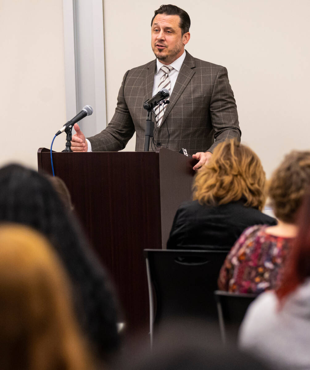 Tim Burch, Clark County administrator of social services, speaks during a briefing about the ev ...