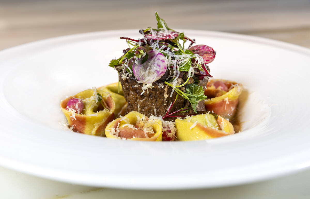 Tortellini stuffed with lemon-scented ricotta cheese, a Barolo-braised short rib and candied be ...