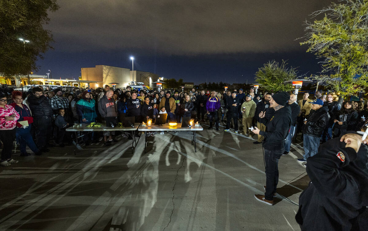 Brandon Kagel recalls his friend Jonet Dominguez during a candlelight vigil at Awaken Las Vegas ...