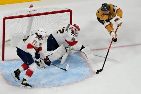 Vegas Golden Knights right wing Mark Stone (61) attempts a shot on Florida Panthers goaltender ...