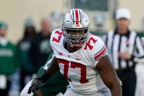 Ohio State offensive lineman Paris Johnson Jr. plays during the second half of an NCAA college ...