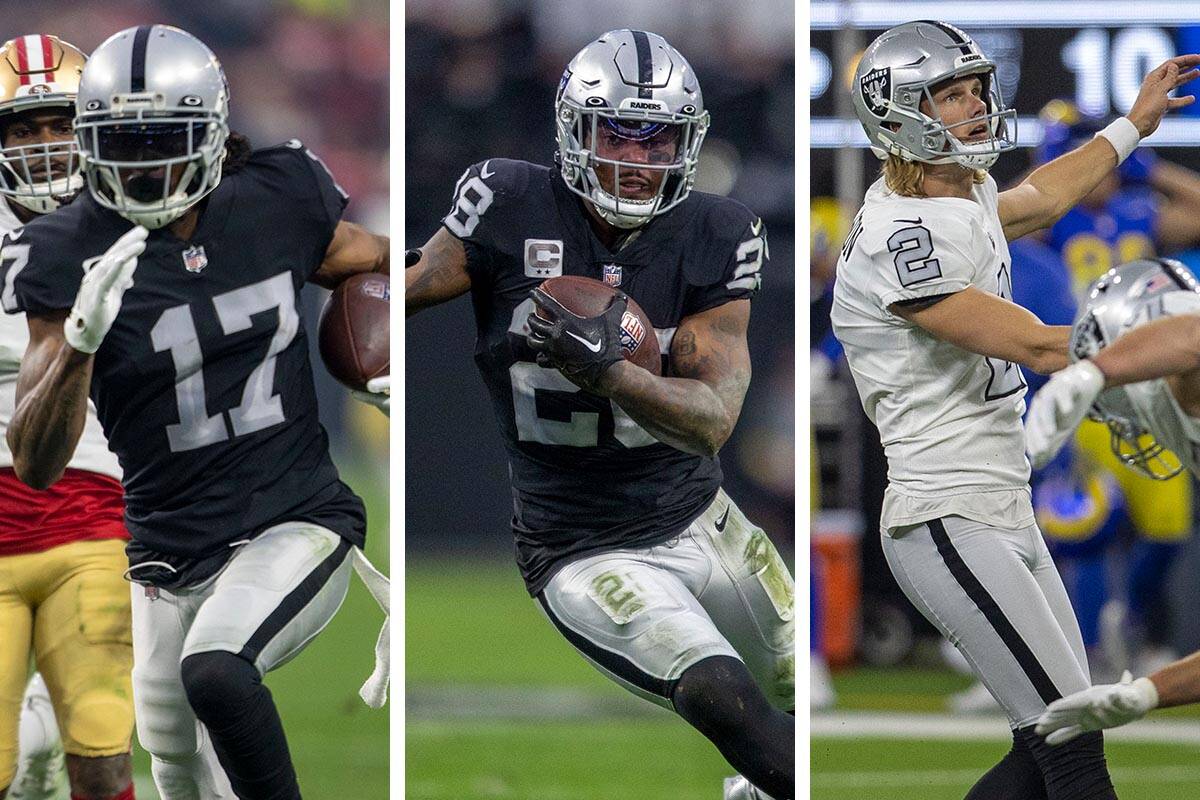 Raiders wide receiver Davante Adams, left, and running back Josh Jacobs, center were named to t ...