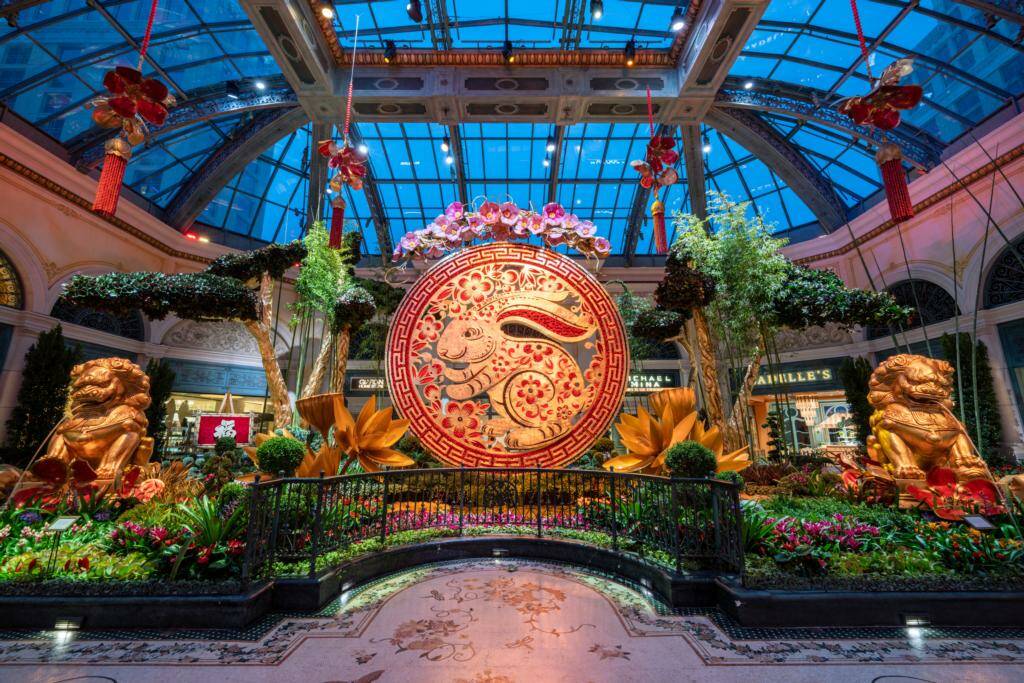 The Bellagio Conservatory’s Lunar New Year exhibit features 45,600 flowers and a 32-foot-tall ...