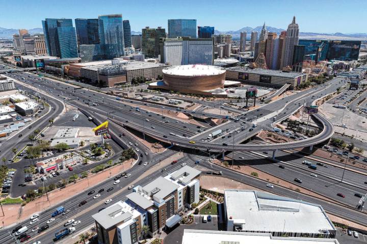 An aerial view of the I-15/Tropicana Interchange on Tuesday, May 31, 2022, in Las Vegas. Crews ...