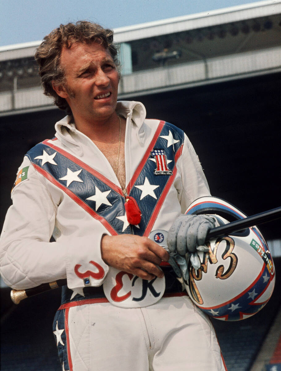 FILE - In this Aug. 20, 1974 file photo Daredevil motorcyclist Evel Knievel poses at the open-a ...