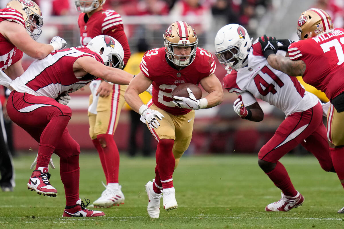 San Francisco 49ers running back Christian McCaffrey (23) during an NFL football game against t ...
