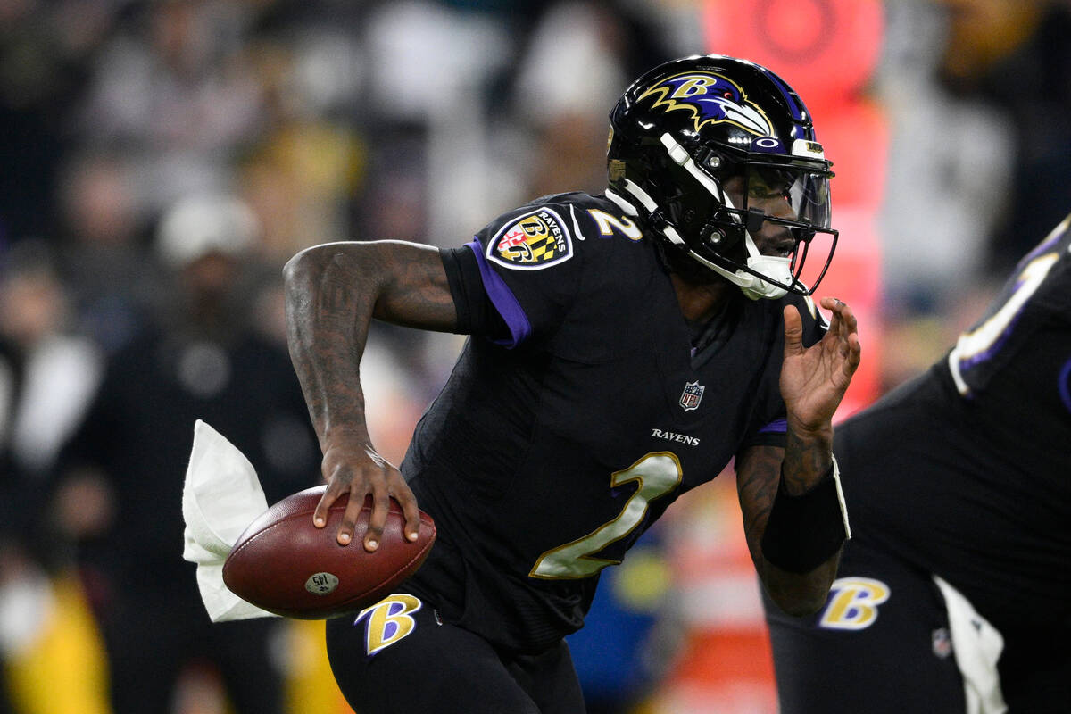 Baltimore Ravens quarterback Tyler Huntley (2) in action during the first half of an NFL footba ...