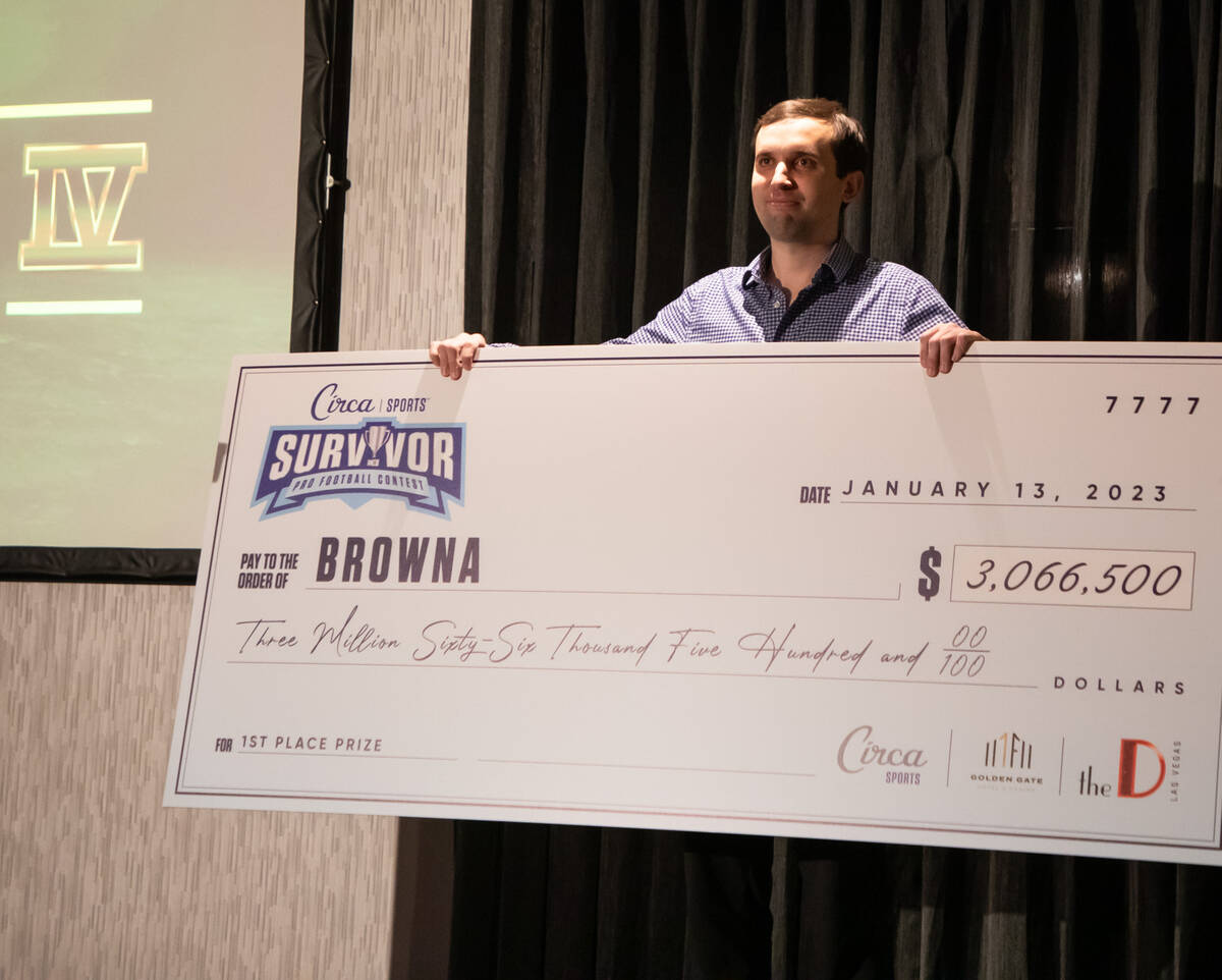Alex Brown, Circa Survivor winner, poses for photos with his big check at the D Las Vegas on Fr ...