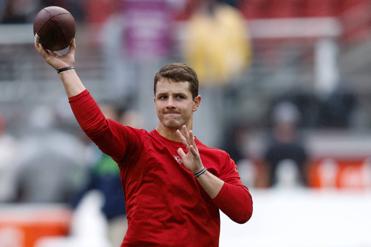 San Francisco 49ers quarterback Brock Purdy warms up before an NFL wild card playoff football g ...