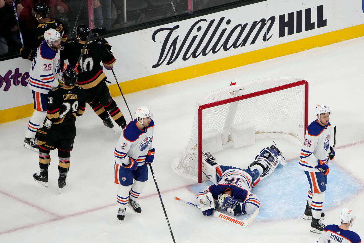 Edmonton Oilers goaltender Jack Campbell (36) reacts after he was scored on by Vegas Golden Kni ...