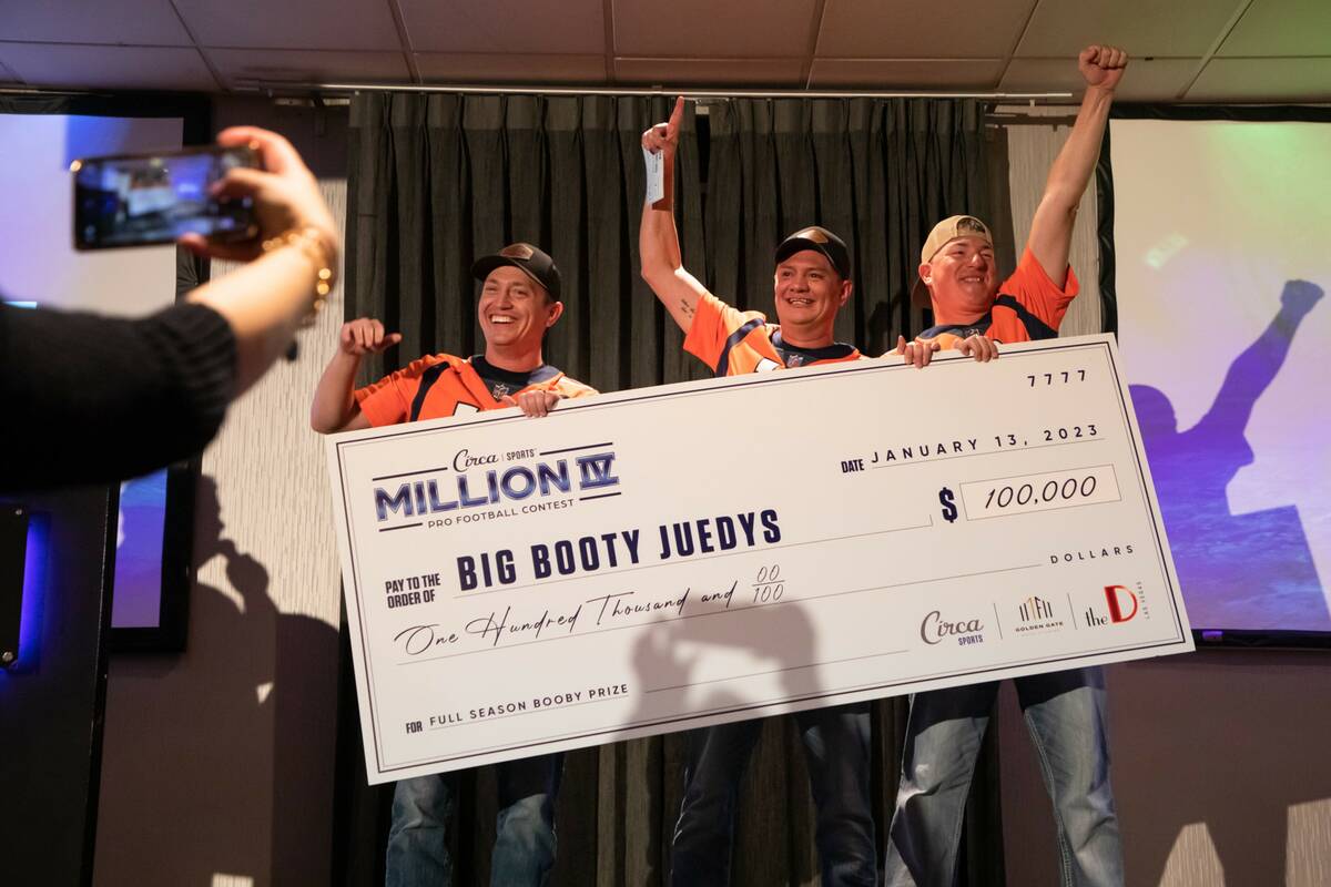 From left, Circa Sports Million winners Taylor Preisser, Dan Stone and Preston Hollis pose for ...