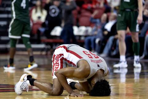 UNLV Rebels guard EJ Harkless (55) reacts after missing what could have been a buzzer-beating s ...