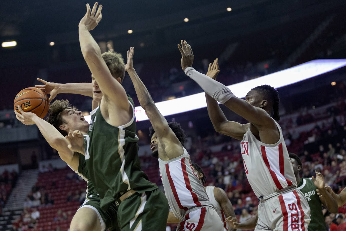 Colorado State Rams guard Taviontae Jackson (2) shoots against UNLV Rebels guard EJ Harkless, s ...