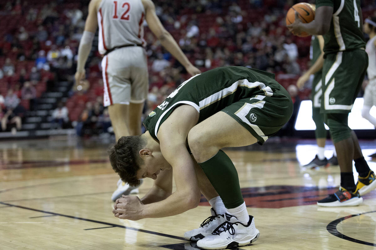 Colorado State Rams forward Patrick Cartier (12) reacts after referees called him on a foul dur ...