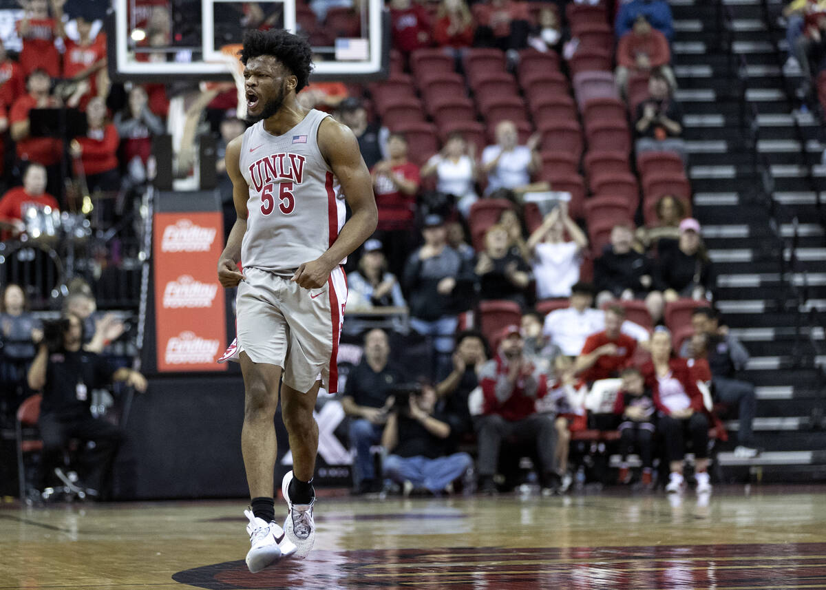 UNLV Rebels guard EJ Harkless (55) celebrates after scoring during overtime of an NCAA college ...