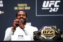 Jon Jones speaks during a press conference ahead of UFC 247, where he is slated to take on Domi ...