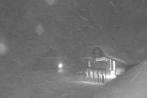 A webcam shows heavy snow falling at Lee Canyon about 9 p.m. Saturday, Jan. 14, 2023. (Lee Canyon)