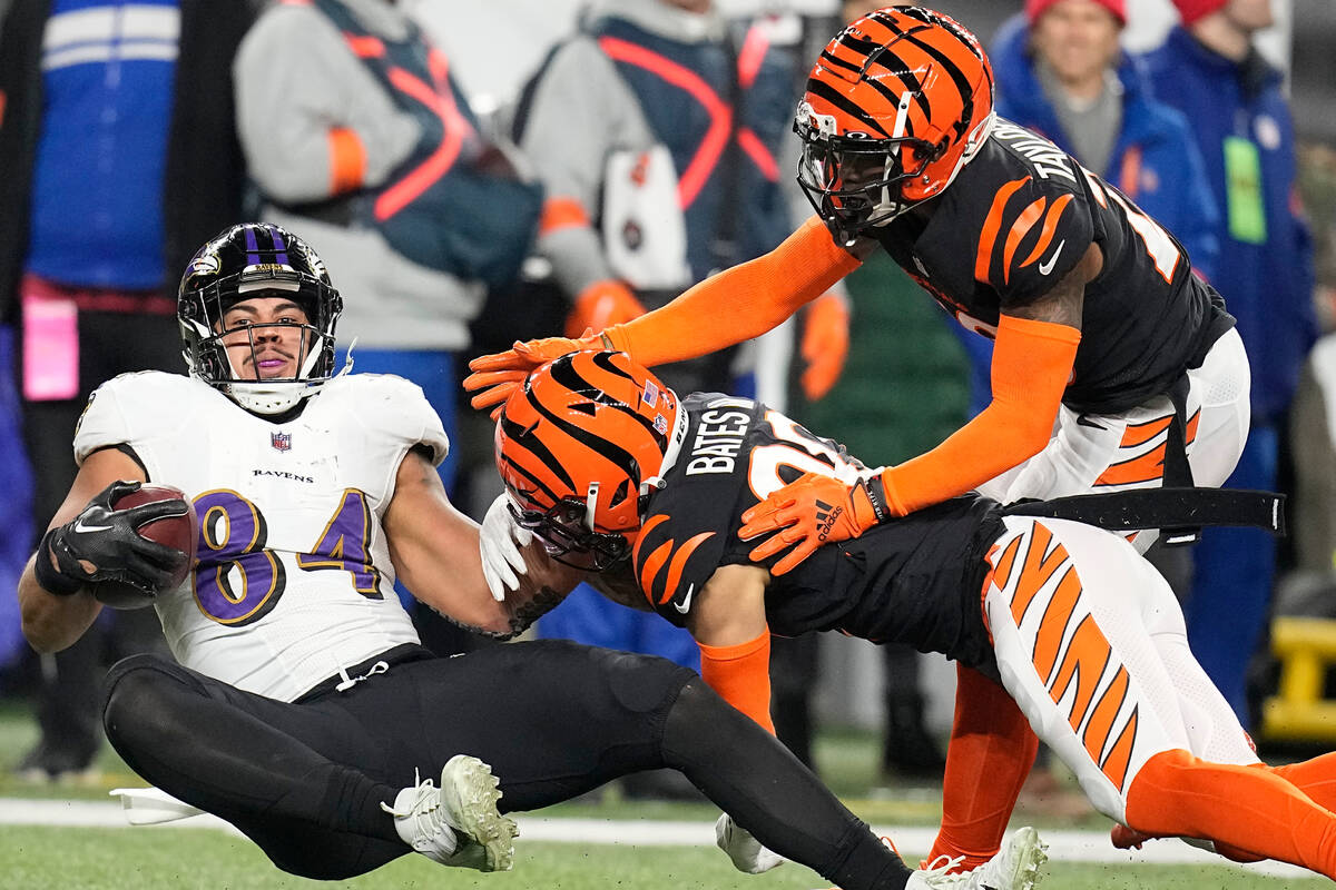 Baltimore Ravens tight end Josh Oliver (84) catches a pass as in the first half of an NFL wild- ...