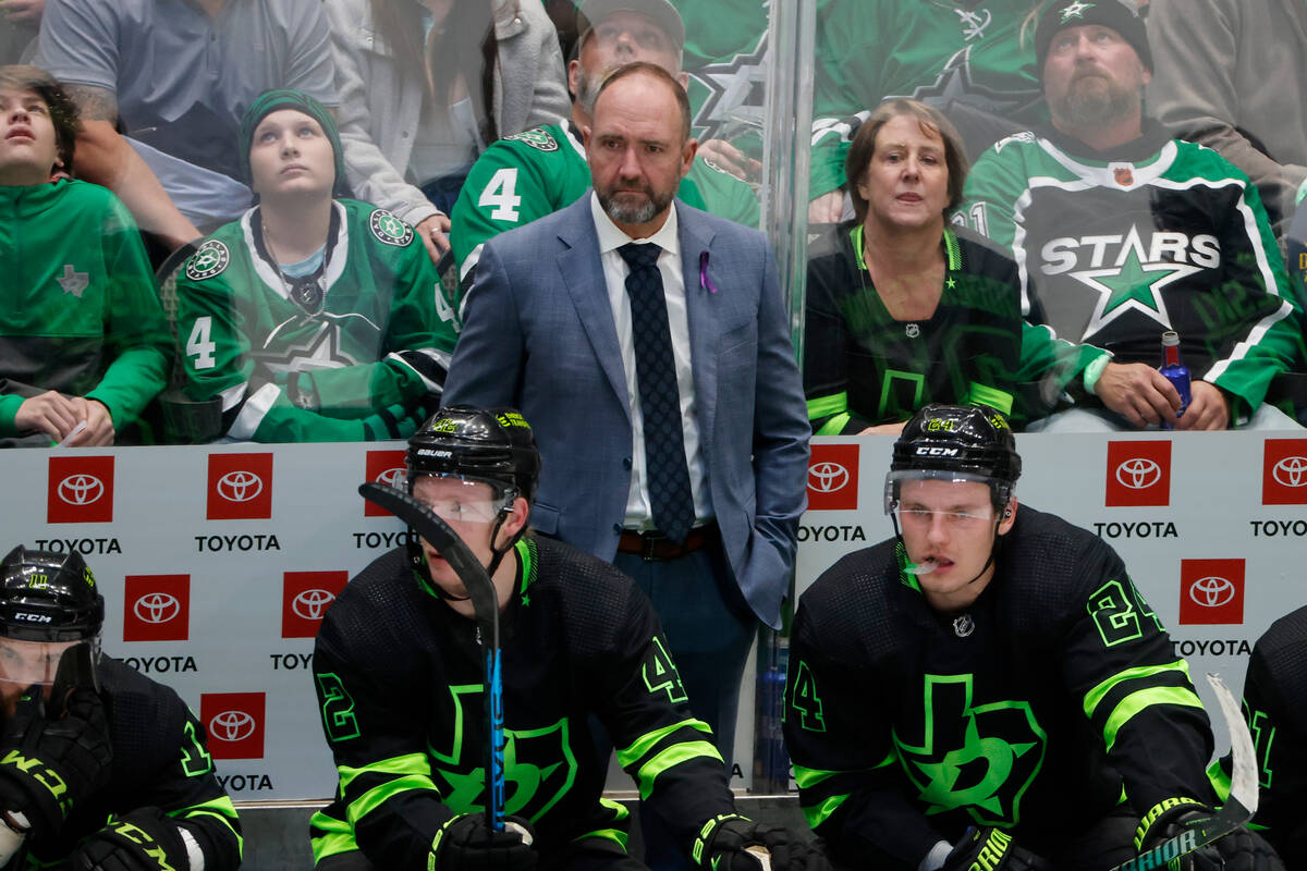 FILE - Dallas Stars head coach Peter DeBoer watches as they played the San Jose Sharks during t ...