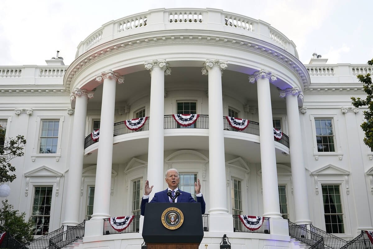 FILE - President Joe Biden speaks during an Independence Day celebration on the South Lawn of t ...