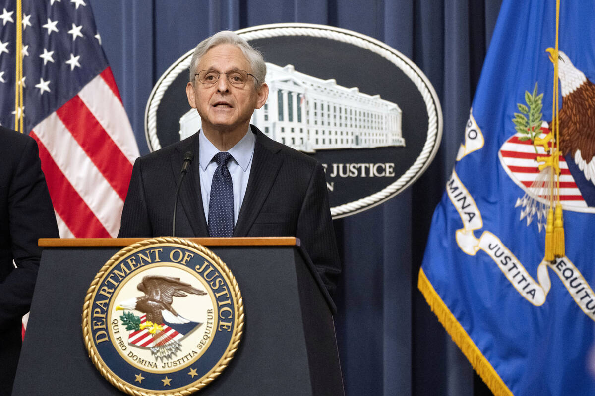 Attorney General Merrick Garland speaks during a news conference at the Department of Justice, ...