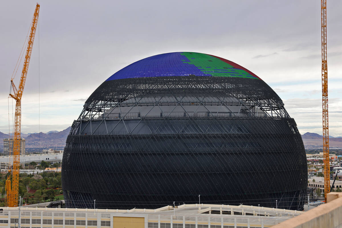 MSG Sphere tests the top of the exterior LED screens on Tuesday, Jan. 17, 2023, in Las Vegas. K ...