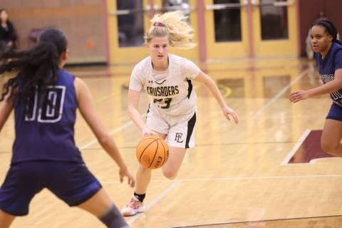 Faith Lutheran's Raina Forgue (23) drives to the basket against Spring Valley during the second ...