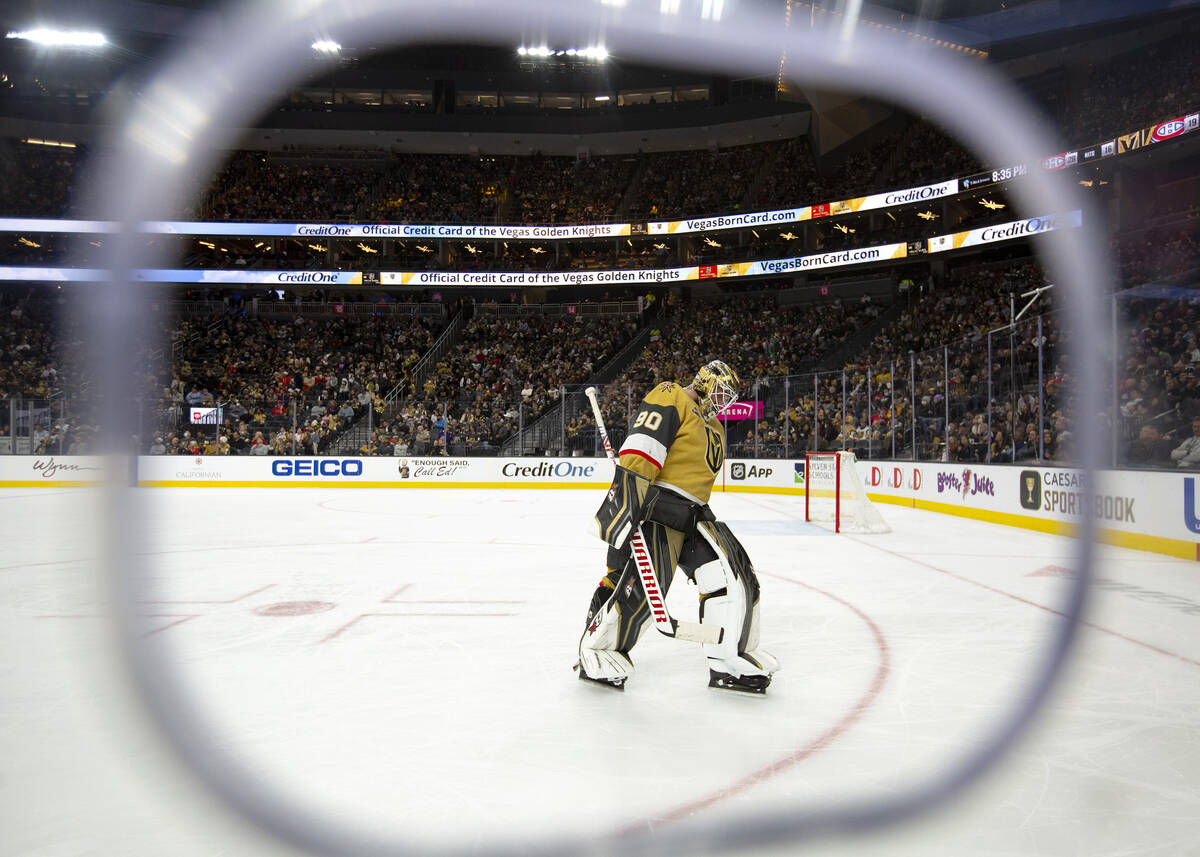 Golden Knights goaltender Robin Lehner (90) skates around the net during the second period of a ...