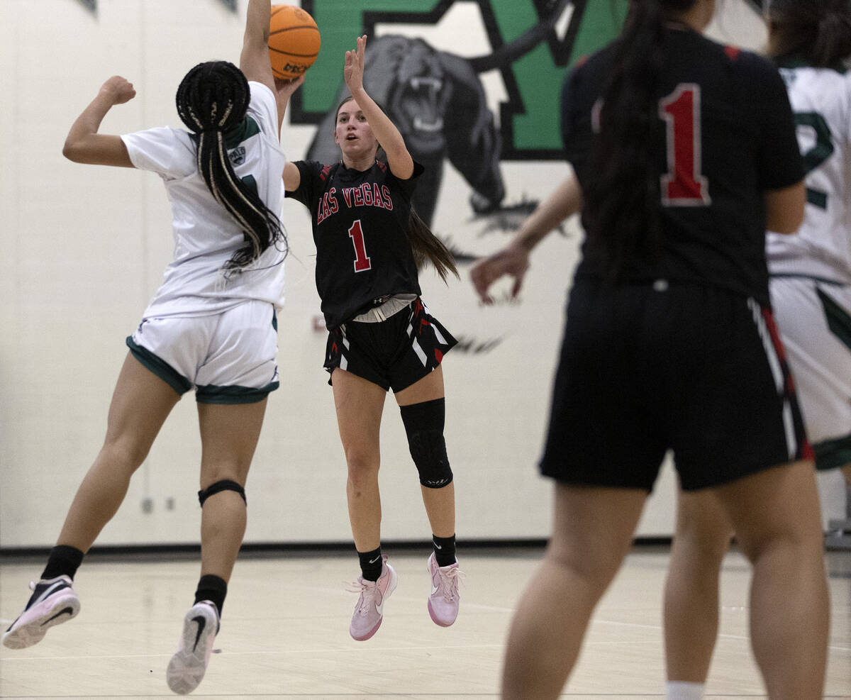 Las Vegas’ Layla Faught (1) shoots against Palo Verde’s Arriona Wright, left, during a girl ...