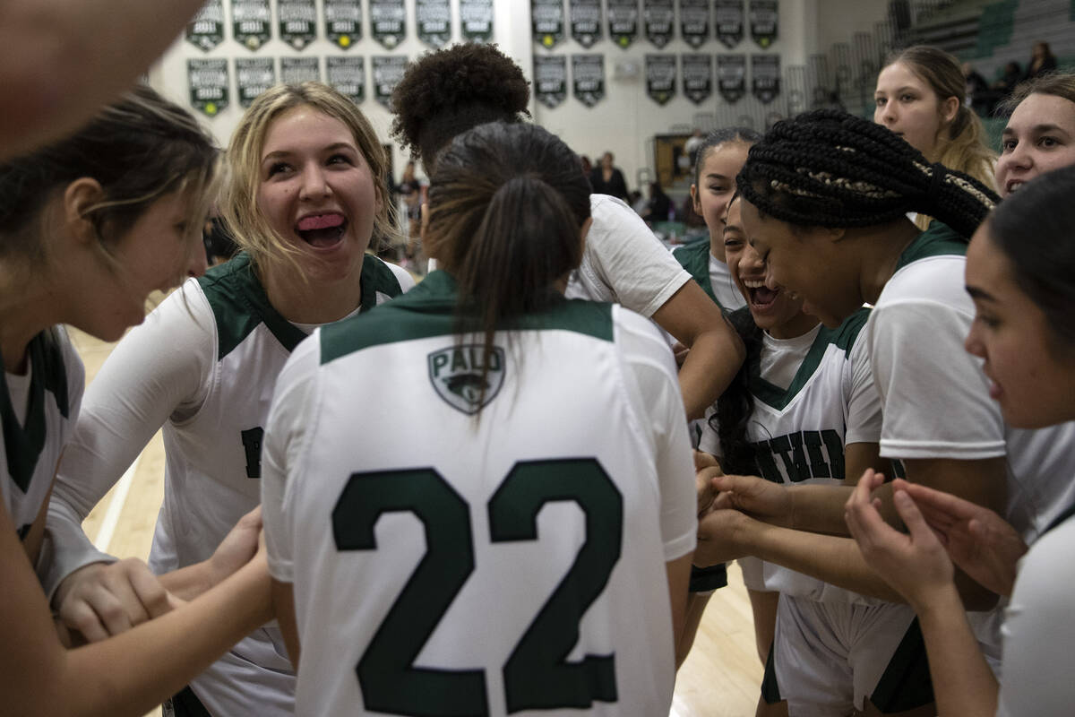 Palo Verde celebrates after winning a girls high school basketball game against Las Vegas at Pa ...